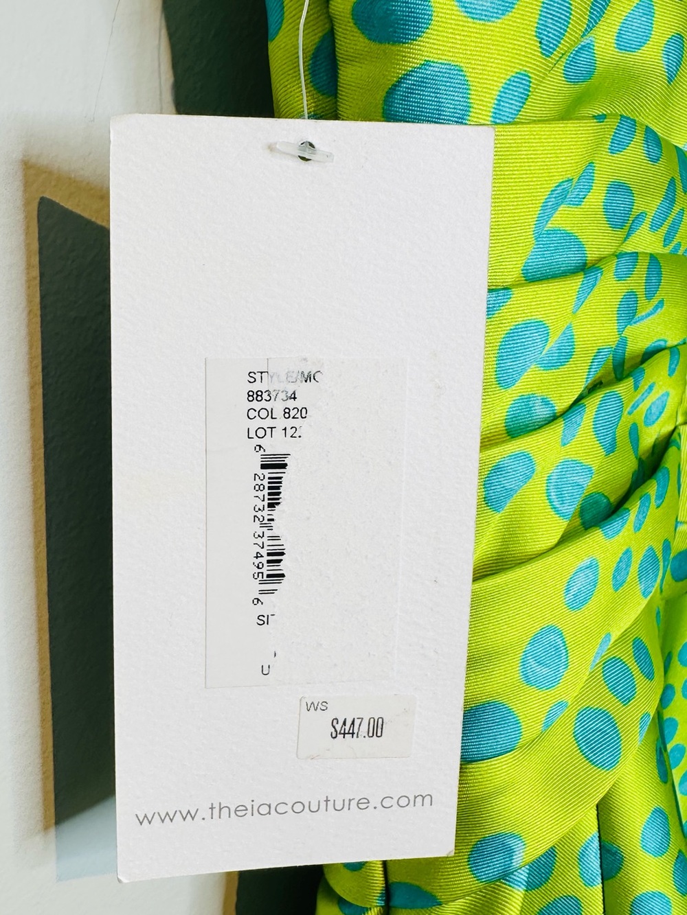Theia Lime Green Spotted Puppy Dog Satin Formal Strapless Gown Dress - Picture 7 of 11